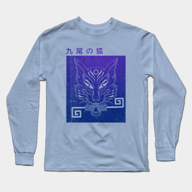 Blue and purple kitsune fox with key and kanji by Blacklinesw9 Long Sleeve T-Shirt by Blacklinesw9